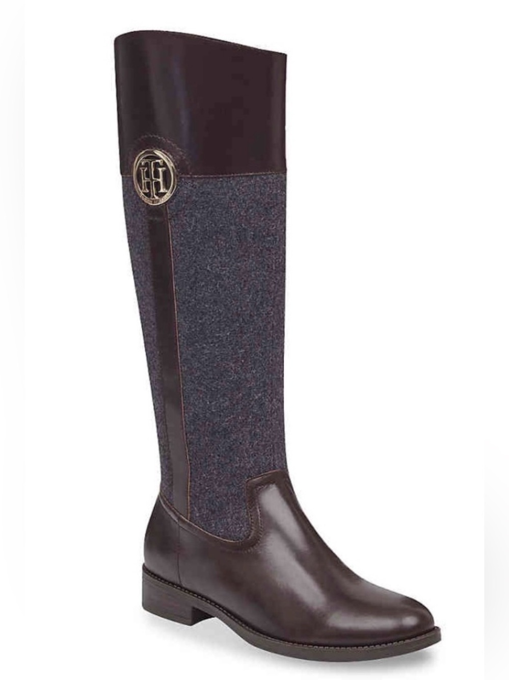 Tommy Hilfiger Twilexis Leather Riding Boots Brown Gray Gold 6M NWOB